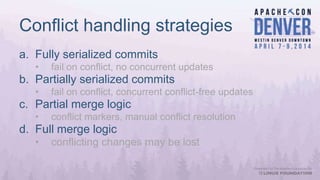Conflict handling strategies
a. Fully serialized commits
• fail on conflict, no concurrent updates
b. Partially serialized commits
• fail on conflict, concurrent conflict-free updates
c. Partial merge logic
• conflict markers, manual conflict resolution
d. Full merge logic
• conflicting changes may be lost
 