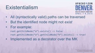 Existentialism
• All (syntactically valid) paths can be traversed
• But the identified node might not exist
• For example:
root.getChildNode(“a”).exists() -> false
root.getChildNode(“a”).getChildNode(“b”).exists() -> true!
• Implemented as a decorator over the MK
 