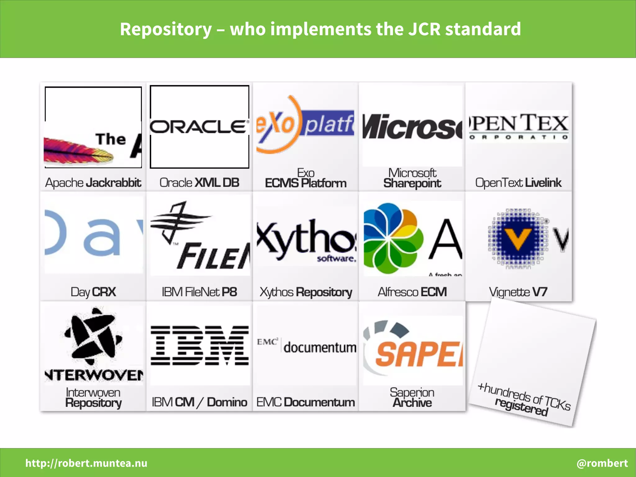 http://robert.muntea.nu @rombert
Repository – who implements the JCR standard
 