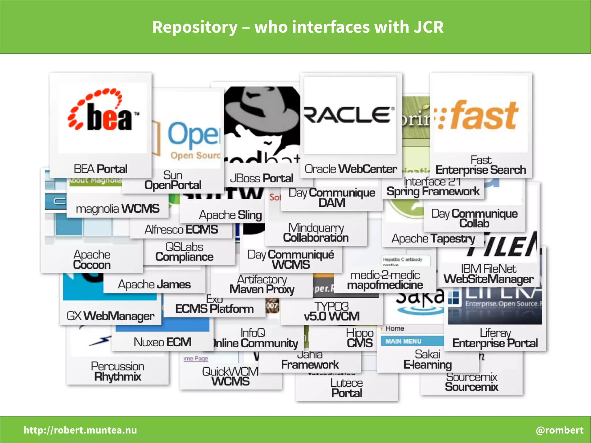 http://robert.muntea.nu @rombert
Repository – who interfaces with JCR
 