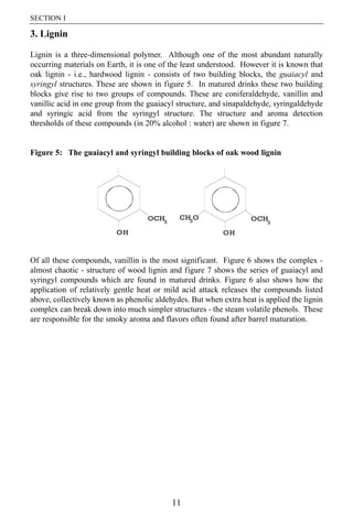 SECTION I

3. Lignin

Lignin is a three-dimensional polymer. Although one of the most abundant naturally
occurring materials on Earth, it is one of the least understood. However it is known that
oak lignin - i.e., hardwood lignin - consists of two building blocks, the guaiacyl and
syringyl structures. These are shown in figure 5. In matured drinks these two building
blocks give rise to two groups of compounds. These are coniferaldehyde, vanillin and
vanillic acid in one group from the guaiacyl structure, and sinapaldehyde, syringaldehyde
and syringic acid from the syringyl structure. The structure and aroma detection
thresholds of these compounds (in 20% alcohol : water) are shown in figure 7.


Figure 5: The guaiacyl and syringyl building blocks of oak wood lignin




Of all these compounds, vanillin is the most significant. Figure 6 shows the complex -
almost chaotic - structure of wood lignin and figure 7 shows the series of guaiacyl and
syringyl compounds which are found in matured drinks. Figure 6 also shows how the
application of relatively gentle heat or mild acid attack releases the compounds listed
above, collectively known as phenolic aldehydes. But when extra heat is applied the lignin
complex can break down into much simpler structures - the steam volatile phenols. These
are responsible for the smoky aroma and flavors often found after barrel maturation.




                                           11
 