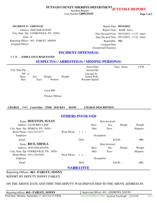 PUTNAM COUNTY SHERIFFS DEPARTMENT
                                                             Incident Report                         JUVENILE REPORT
                                                        Case Number:1209131152                                                  Page 1 of 2



      INCIDENT # :         1209131152                                                    Report Date:     09/13/2012
             Address:      2848 OAK HAVEN                                                Report Time:      11:52 - hours
      City, State. Zip:    COOKEVILLE, TN. 38501-                                 Date Occured From:      09/13/2012 - 11:52 - hours
                 Zone:     N                                                      Date Occured Thru:      09/13/2012 - 11:52 - hours
    Reporting Officer:     463 - FARLEY, SONNY                                            Reportable:     NO
    Assigned Officer:                                                                  Assigned Date:
                                                                                Exceptional Clearance:

                                                  INCIDENT OFFENSE(S)
    U.C.R.: -AMBULANCE REQUESTED
                               SUSPECT(S) / ARRESTEE(S) / MISSING PERSON(S)
                                                                        Arrest Date:                   Time: Hours             UCR:
    City, State.Zip: , .                                               Arrested By:
               Age: ()                                                Arrested At:
              Race:         Sex:     Height:        Weight:           Armed With:
              Hair:            Eyes:      Hispanic:                 Warrants Signed:



                                     Local ID#:

                                     Primary Offense:



  CHARGE        Court      Court Date TIME DOCKET          BOND          CHARGE DESCRIPTION


                                                    OTHERS INVOLVED
              Name: HOUSTON, SUSAN                                                      How Involved:
           Address: 218 DURBY LANE                                             Race:          Sex:          Height:       Weight:
    City, State. Zip: SPARTA, TN. 38501-                                       Hair:         Eyes:                       Hispanic:
      Home Phone: (423) 327-0177                    Work Phone:    ( )    -
          Employer:                                                              Occupation:
            Email:                                                 DL#:                               D.O.B. :                 (39)
              Name: RICE, SHEILA                                                        How Involved:
           Address: 2848 OAK HAVEN                                             Race:          Sex:          Height:       Weight:
    City, State. Zip: COOKEVILLE, TN. 38501-                                   Hair:         Eyes:                       Hispanic:
      Home Phone: (931) 239-9304                    Work Phone:    ( )    -
          Employer:                                                              Occupation:
            Email:                                                 DL#:                               D.O.B. :                 (47)

                                                          NARRATIVE
 Reporting Officer: 463 - FARLEY, SONNY
 REPORT BY DEPUTY SONNY FARLEY

 ON THE ABOVE DATE AND TIME THIS DEPUTY WAS DISPATCHED TO THE ABOVE ADDRESS IN

 Reporting Officer: 463 - FARLEY, SONNY                              Approving Officer: 401 - ANDREWS, DAVID
Print Date: Monday, September 17, 2012 03:27:53PM                   Form_IncidentReport_Public   Incident Tracking#: 2213339           0717
 