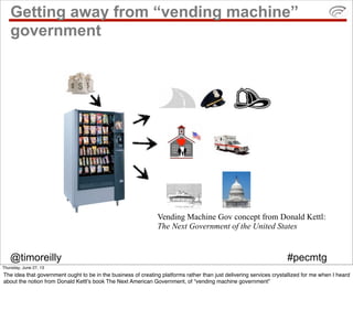 @timoreilly #pecmtg
Getting away from “vending machine”
government
Vending Machine Gov concept from Donald Kettl:
The Next Government of the United States
Thursday, June 27, 13
The idea that government ought to be in the business of creating platforms rather than just delivering services crystallized for me when I heard
about the notion from Donald Kettl’s book The Next American Government, of “vending machine government”
 
