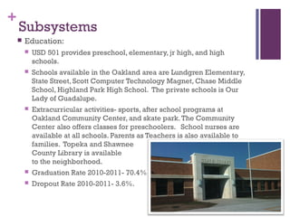 +
    Subsystems
       Education:
           USD 501 provides preschool, elementary, jr high, and high
            schools.
           Schools available in the Oakland area are Lundgren Elementary,
            State Street, Scott Computer Technology Magnet, Chase Middle
            School, Highland Park High School. The private schools is Our
            Lady of Guadalupe.
           Extracurricular activities- sports, after school programs at
            Oakland Community Center, and skate park. The Community
            Center also offers classes for preschoolers. School nurses are
            available at all schools. Parents as Teachers is also available to
            families. Topeka and Shawnee
            County Library is available
            to the neighborhood.
           Graduation Rate 2010-2011- 70.4%
           Dropout Rate 2010-2011- 3.6%.
 