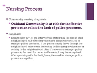 +
    Nursing Process
       Community nursing diagnosis:
         Oakland    Community is at risk for ineffective
            protection related to lack of police presence.
       Rationale:
           Even though 90% of the interviewees stated they felt safe in their
            neighborhood half of the improvements stated were related to
            stronger police presence. If the police simply drove through the
            neighborhood more often, there may be less gang involvement or
            activity in the neighborhood. Also if there was a stronger police
            presence, the need for better traffic control may be recognized.
            After speaking with the firefighters, the need for stronger police
            presence magnified.
 
