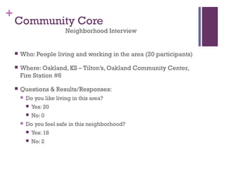 +
    Community Core
                            Neighborhood Interview


       Who: People living and working in the area (20 participants)

       Where: Oakland, KS – Tilton’s, Oakland Community Center,
        Fire Station #6

       Questions & Results/Responses:
           Do you like living in this area?
               Yes: 20
               No: 0
           Do you feel safe in this neighborhood?
               Yes: 18
               No: 2
 