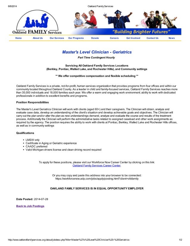 Master's Level Clinician Geriatrics, Oakland Family Services
