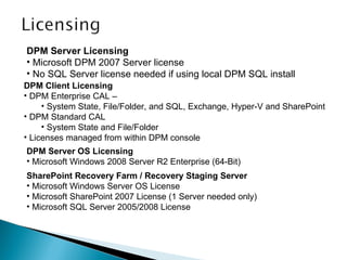 DPM Server Licensing Microsoft DPM 2007 Server license No SQL Server license needed if using local DPM SQL install DPM Client Licensing DPM Enterprise CAL –  System State, File/Folder, and SQL, Exchange, Hyper-V and SharePoint DPM Standard CAL System State and File/Folder Licenses managed from within DPM console DPM Server OS Licensing Microsoft Windows 2008 Server R2 Enterprise (64-Bit) SharePoint Recovery Farm / Recovery Staging Server Microsoft Windows Server OS License Microsoft SharePoint 2007 License (1 Server needed only) Microsoft SQL Server 2005/2008 License 