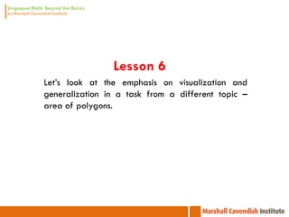 Lesson 6
Let’s look at the emphasis on visualization and
generalization in a task from a different topic –
area of polygons.
 