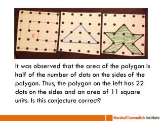It was observed that the area of the polygon is
half of the number of dots on the sides of the
polygon. Thus, the polygon on the left has 22
dots on the sides and an area of 11 square
units. Is this conjecture correct?
 