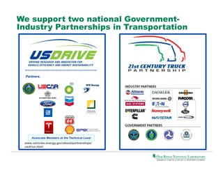 We support two national GovernmentIndustry Partnerships in Transportation

Partners:

Associate Members at the Technical Level

www.vehicles.energy.gov/about/partnerships/
usdrive.html

 