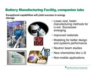 Battery Manufacturing Facility, companion labs
Exceptional capabilities will yield success in energy
storage

•  Lower cost, faster
manufacturing methods for
Li-ion. Successes
emerging.
•  Improved materials
•  Modeling for better design
and systems performance
•  Neutron beam studies
•  New chemistries like Li-S
•  Non-mobile applications
Rechargeable battery
Voltage: 3.7-4.5V
Capacity: 100mAh-7Ah

 