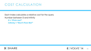 18 
COST CALCULAT ION 
Each Index calculates a relative cost for the query 
Number between 0 and Infinity 
0 = “Pick me!” 
Infinity = “Don’t Pick Me!” 
 