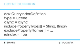 39 
LUCENE DEFINI T ION 
oak:QueryIndexDefintion 
type = lucene 
async = async 
includePropertyTypes[] = String, Binary 
excludePropertyNames[] = … 
reindex = true 
 