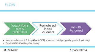 46 
jcr:contains 
query 
detected 
Remote solr 
index 
queried 
Results 
Returned 
FLOW 
• In oak-solr-core 1.0.1+ (AEM 6 SP1) you can add property, path & primary 
• type restrictions to your query 
 