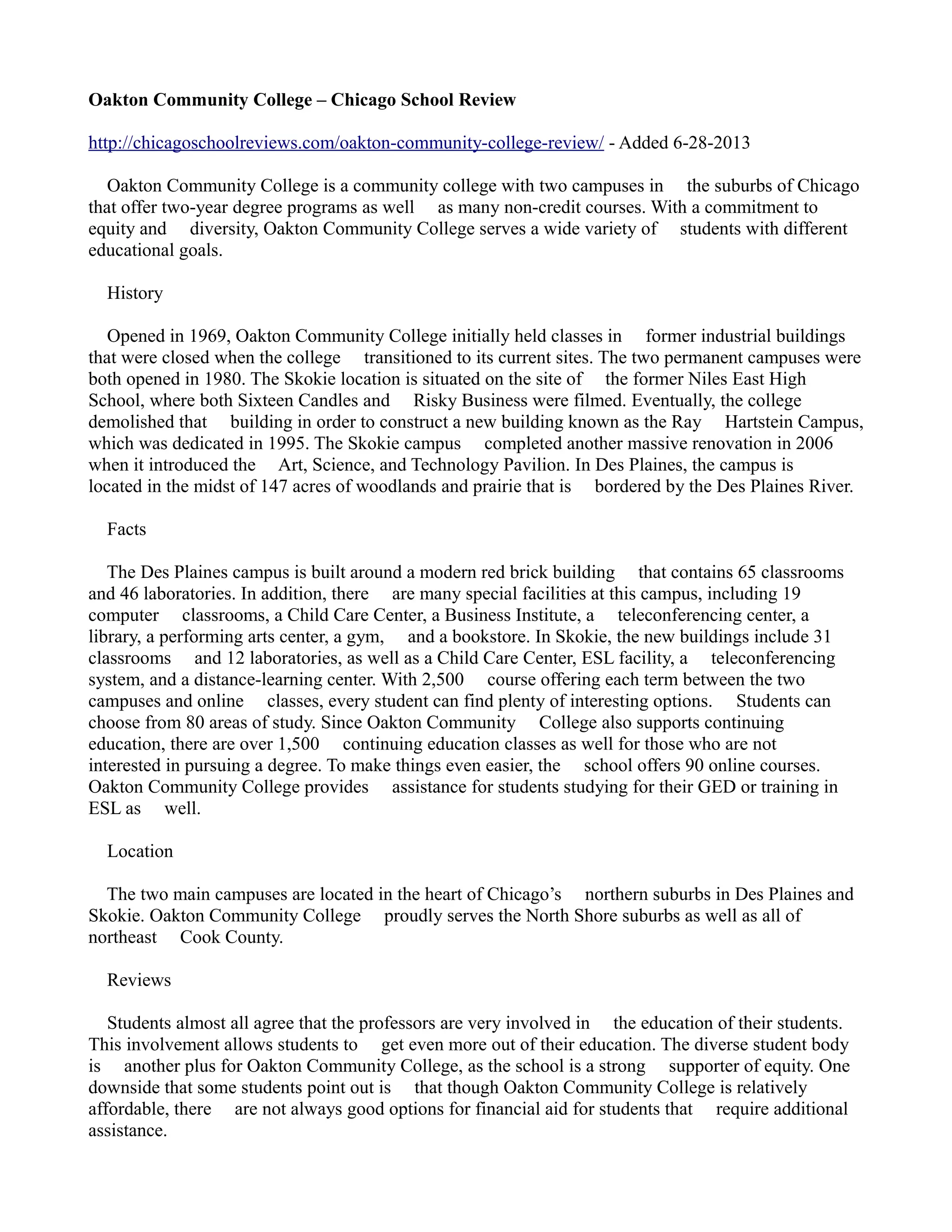 Oakton community college Chicago School Review PDF