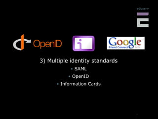 3) Multiple identity standards
            • SAML
           • OpenID
      • Information Cards
 