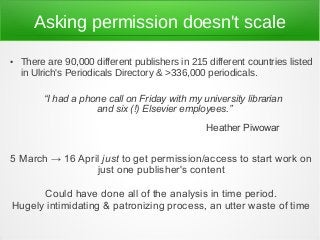 Asking permission doesn't scale
● There are 90,000 different publishers in 215 different countries listed
in Ulrich's Peri...