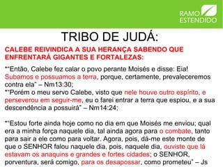 TRIBO DE JUDÁ:
CALEBE REIVINDICA A SUA HERANÇA SABENDO QUE
ENFRENTARÁ GIGANTES E FORTALEZAS:
*“Então, Calebe fez calar o povo perante Moisés e disse: Eia!
Subamos e possuamos a terra, porque, certamente, prevaleceremos
contra ela” – Nm13:30;
*“Porém o meu servo Calebe, visto que nele houve outro espírito, e
perseverou em seguir-me, eu o farei entrar a terra que espiou, e a sua
descendência a possuirá” – Nm14:24;

*“Estou forte ainda hoje como no dia em que Moisés me enviou; qual
era a minha força naquele dia, tal ainda agora para o combate, tanto
para sair a ele como para voltar. Agora, pois, dá-me este monte de
que o SENHOR falou naquele dia, pois, naquele dia, ouviste que lá
estavam os anaquins e grandes e fortes cidades; o SENHOR,
porventura, será comigo, para os desapossar, como prometeu” – Js
 
