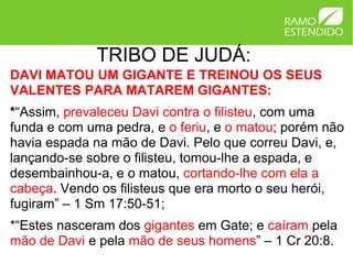 TRIBO DE JUDÁ:
DAVI MATOU UM GIGANTE E TREINOU OS SEUS
VALENTES PARA MATAREM GIGANTES:
*“Assim, prevaleceu Davi contra o filisteu, com uma
funda e com uma pedra, e o feriu, e o matou; porém não
havia espada na mão de Davi. Pelo que correu Davi, e,
lançando-se sobre o filisteu, tomou-lhe a espada, e
desembainhou-a, e o matou, cortando-lhe com ela a
cabeça. Vendo os filisteus que era morto o seu herói,
fugiram” – 1 Sm 17:50-51;
*“Estes nasceram dos gigantes em Gate; e caíram pela
mão de Davi e pela mão de seus homens” – 1 Cr 20:8.
 
