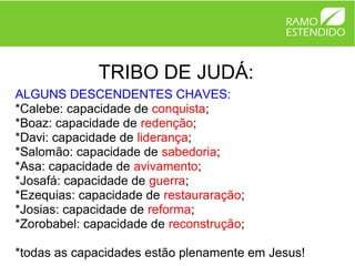 TRIBO DE JUDÁ:
ALGUNS DESCENDENTES CHAVES:
*Calebe: capacidade de conquista;
*Boaz: capacidade de redenção;
*Davi: capacidade de liderança;
*Salomão: capacidade de sabedoria;
*Asa: capacidade de avivamento;
*Josafá: capacidade de guerra;
*Ezequias: capacidade de restauraração;
*Josias: capacidade de reforma;
*Zorobabel: capacidade de reconstrução;

*todas as capacidades estão plenamente em Jesus!
 