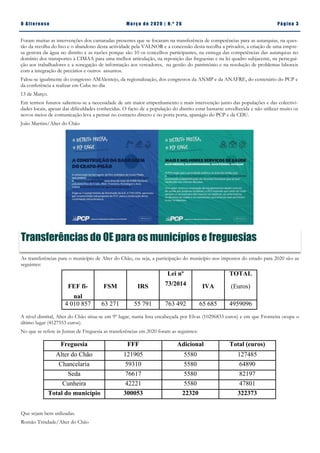 Pá g in a 3O A lt eren se M a rç o d e 2 02 0 | N. º 2 6
Transferências do OE para os municípios e freguesias
Foram muitas as intervenções dos camaradas presentes que se focaram na transferência de competências para as autarquias, na ques-
tão da recolha do lixo e o abandono desta actividade pela VALNOR e a concessão desta recolha a privados, a criação de uma empre-
sa gestora da água no distrito e as razões porque são 10 os concelhos participantes, na entrega das competências das autarquias no
domínio dos transportes à CIMAA para uma melhor articulação, na reposição das freguesias e na lei quadro subjacente, na persegui-
ção aos trabalhadores e a sonegação de informação aos vereadores, na gestão do património e na resolução de problemas laborais
com a integração de precários e outros assuntos.
Falou-se igualmente do congresso AMAlentejo, da regionalização, dos congressos da ANMP e da ANAFRE, do centenário do PCP e
da conferência a realizar em Cuba no dia
13 de Março.
Em termos futuros salientou-se a necessidade de um maior empenhamento e mais intervenção junto das populações e das colectivi-
dades locais, apesar das dificuldades conhecidas. O facto de a população do distrito estar bastante envelhecida e não utilizar muito os
novos meios de comunicação leva a pensar no contacto directo e no porta porta, apanágio do PCP e da CDU.
João Martins/Alter do Chão
As transferências para o município de Alter do Chão, ou seja, a participação do município nos impostos do estado para 2020 são as
seguintes:
FEF fi-
nal
FSM IRS
Lei nº
73/2014 IVA
TOTAL
(Euros)
4 010 857 63 271 55 791 763 492 65 685 4959096
A nível distrital, Alter do Chão situa-se em 9º lugar, numa lista encabeçada por Elvas (10296833 euros) e em que Fronteira ocupa o
último lugar (4127553 euros).
No que se refere às Juntas de Freguesia as transferências em 2020 foram as seguintes:
Freguesia FFF Adicional Total (euros)
Alter do Chão 121905 5580 127485
Chancelaria 59310 5580 64890
Seda 76617 5580 82197
Cunheira 42221 5580 47801
Total do município 300053 22320 322373
Que sejam bem utilizadas.
Romão Trindade/Alter do Chão
 