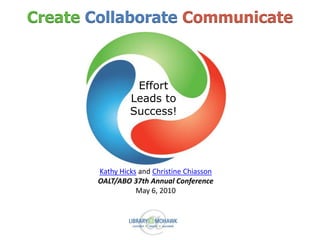 CreateCollaborateCommunicate Effort Leads to Success! Kathy Hicks and Christine Chiasson OALT/ABO 37th Annual Conference May 6, 2010 