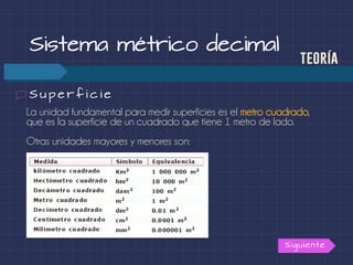 La unidad fundamental para medir superficies es el metro cuadrado,
que es la superficie de un cuadrado que tiene 1 metro de lado.
Otras unidades mayores y menores son:
Sistema métrico decimal
teoría
S u p e r f i c i e
Siguiente
 
