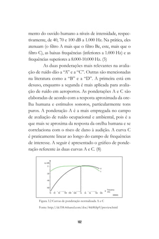 102
mento do ouvido humano a níveis de intensidade, respec-
tivamente, de 40, 70 e 100 dB a 1.000 Hz. Na prática, eles
atenuam (o filtro A mais que o filtro Be, este, mais que o
filtro C), as baixas frequências (inferiores a 1.000 Hz) e as
frequências superiores a 8.000-10.000 Hz. (5)
As duas ponderações mais relevantes na avalia-
ção de ruído dão a “A” e a “C”. Outras são mencionadas
na literatura como a “B” e a “D”. A primeira está em
desuso, enquanto a segunda é mais aplicada para avalia-
ção de ruído em aeroportos. As ponderações A e C são
elaboradas de acordo com a resposta aproximada da ore-
lha humana e estímulos sonoros, particularmente tons
puros. A ponderação A é a mais empregada no campo
de avaliação de ruído ocupacional e ambiental, pois é a
que mais se aproxima da resposta da orelha humana e se
correlaciona com o risco de dano à audição. A curva C
é praticamente linear ao longo do campo de frequências
de interesse. A seguir é apresentado o gráfico de ponde-
ração referente às duas curvas A e C. (8)
Figura 3.2 Curvas de ponderação normalizada A e C
Fonte: http://dc358.4shared.com/doc/4tk8hSp9/preview.html
 