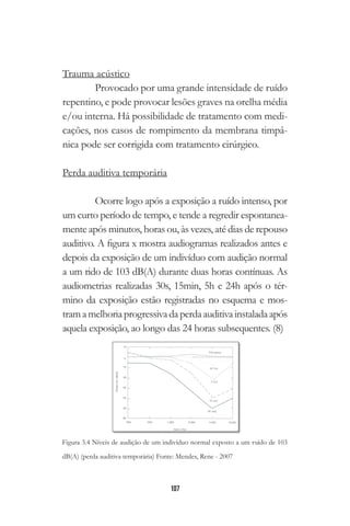 107
Trauma acústico
Provocado por uma grande intensidade de ruído
repentino, e pode provocar lesões graves na orelha média
e/ou interna. Há possibilidade de tratamento com medi-
cações, nos casos de rompimento da membrana timpâ-
nica pode ser corrigida com tratamento cirúrgico.
Perda auditiva temporária
Ocorre logo após a exposição a ruído intenso, por
um curto período de tempo, e tende a regredir espontanea-
mente após minutos, horas ou, às vezes, até dias de repouso
auditivo. A figura x mostra audiogramas realizados antes e
depois da exposição de um indivíduo com audição normal
a um rido de 103 dB(A) durante duas horas contínuas. As
audiometrias realizadas 30s, 15min, 5h e 24h após o tér-
mino da exposição estão registradas no esquema e mos-
tramamelhoriaprogressivadaperdaauditivainstaladaapós
aquela exposição, ao longo das 24 horas subsequentes. (8)
Figura 3.4 Níveis de audição de um indivíduo normal exposto a um ruído de 103
dB(A) (perda auditiva temporária) Fonte: Mendes, Rene - 2007
 