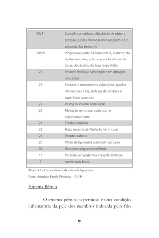 121
32/31
30/29
28
27
26
25
24
22
21
20
18
17
9
Consciência nublada, dificuldade de obter a
pressão, pupilas dilatadas mas reagindo à luz,
cessação dos tremores
Progressiva perda da consciência, aumento da
rigidez muscular, pulso e pressão difíceis de
obter, decréscimo da taxa respiratória
Possível fibrilação ventricular com irritação
miocardial
Cessam os movimentos voluntários, pupilas
não reativas à luz, reflexos de tendões e
superficiais ausentes
Vítima raramente consciente
Fibrilação ventricular pode ocorrer
espontaneamente
Edema pulmonar
Risco máximo de fibrilação ventricular
Parada cardíaca
Vítima de hipotermia acidental mais baixa
Eletroencefalograma isoelétrico
Paciente de hipotermia induzida artificial-
mente mais baixa
Eritema Pérnio
O eritema pérnio ou perniose é uma condição
inflamatória da pele dos membros induzida pelo frio
 
