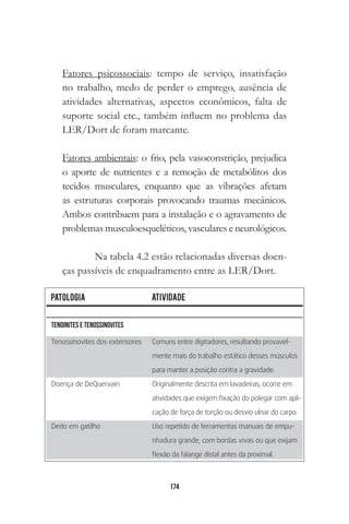 174
Fatores psicossociais: tempo de serviço, insatisfação
no trabalho, medo de perder o emprego, ausência de
atividades alternativas, aspectos econômicos, falta de
suporte social etc., também influem no problema das
LER/Dort de foram marcante.
Fatores ambientais: o frio, pela vasoconstrição, prejudica
o aporte de nutrientes e a remoção de metabólitos dos
tecidos musculares, enquanto que as vibrações afetam
as estruturas corporais provocando traumas mecânicos.
Ambos contribuem para a instalação e o agravamento de
problemas musculoesqueléticos, vasculares e neurológicos.
Na tabela 4.2 estão relacionadas diversas doen-
ças passíveis de enquadramento entre as LER/Dort.
 