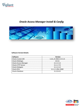 Oracle Access Manager Install & Config
Software Version Details:
Software Version
Oracle Jrocket JDK 1.6.0_31-R28.2.3-4.1.0
Oracle Weblogic 10.3.6
Oracle Access Manager 11.1.2.1.0
Oracle HTTP Server 11.1.1.7.0
Oracle Webgate 11.1.2.1.0
Oracle RCU 11.1.2.1.0for OAM
Oracle Database 11.2.0.4.0
 