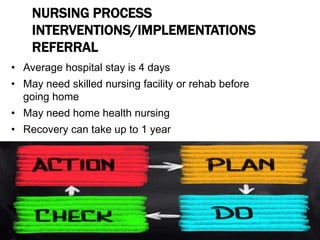NURSING PROCESS
INTERVENTIONS/IMPLEMENTATIONS
REFERRAL
• Average hospital stay is 4 days
• May need skilled nursing facility or rehab before
going home
• May need home health nursing
• Recovery can take up to 1 year
 