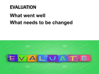 EVALUATION
What went well
What needs to be changed
 