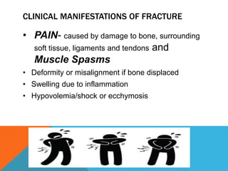 CLINICAL MANIFESTATIONS OF FRACTURE
• PAIN- caused by damage to bone, surrounding
soft tissue, ligaments and tendons and
Muscle Spasms
• Deformity or misalignment if bone displaced
• Swelling due to inflammation
• Hypovolemia/shock or ecchymosis
 
