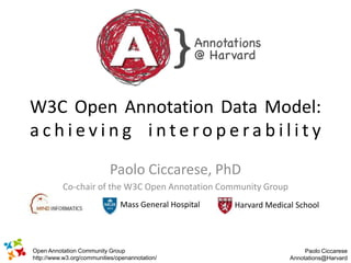W3C Open Annotation Data Model:
     achieving interoperability
                                   Paolo Ciccarese, PhD
                 Co-chair of the W3C Open Annotation Community Group
                                       Mass General Hospital   Harvard Medical School




W3C Open Annotation Data Model Group
        Open Annotation Community                                                 Paolo Ciccarese
        http://www.w3.org/communities/openannotation/
http://www.w3.org/community/openannotation/                                  Annotations@Harvard
 