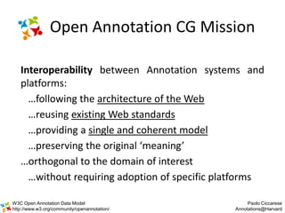 Open Annotation CG Mission

   Interoperability between Annotation systems and
   platforms:
     …following the architect...