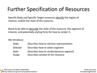 Further Specification of Resources
     Specific Body and Specific Target resources identify the region of
     interest, ...