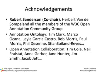 Acknowledgements
  • Robert Sanderson (Co-chair), Herbert Van de
    Sompeland all the members of the W3C Open
    Annotat...