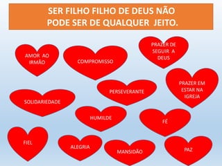 SER FILHO FILHO DE DEUS NÃO 
PODE SER DE QUALQUER JEITO. 
AMOR AO 
IRMÃO COMPROMISSO 
PRAZER DE 
SEGUIR A 
DEUS 
SOLIDARIEDADE 
PRAZER EM 
ESTAR NA 
IGREJA 
FIEL 
PERSEVERANTE 
HUMILDE 
MANSIDÃO 
FÉ 
ALEGRIA PAZ 
 