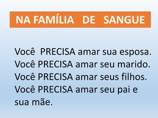 NA FAMÍLIA DE SANGUE 
Você PRECISA amar sua esposa. 
Você PRECISA amar seu marido. 
Você PRECISA amar seus filhos. 
Você PRECISA amar seu pai e 
sua mãe. 
 