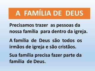 A FAMÍLIA DE DEUS 
Precisamos trazer as pessoas da 
nossa família para dentro da igreja. 
A família de Deus são todos os 
irmãos de igreja e são cristãos. 
Sua família precisa fazer parte da 
família de Deus. 
 