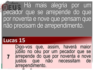 Há mais alegria por um
pecador que se arrepende do que
por noventa e nove que pensam que
não precisam de arrependimento.
Lucas 15
7
Digo-vos que, assim, haverá maior
júbilo no céu por um pecador que se
arrepende do que por noventa e nove
justos que não necessitam de
arrependimento.
 