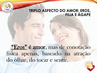 TRIPLO ASPECTO DO AMOR: EROS,
FILIA E ÁGAPE
“Eros” é amor, mas de conotação
física apenas, baseado na atração
do olhar, do tocar e sentir.
 