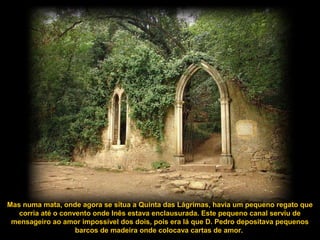 Mas numa mata, onde agora se situa a Quinta das Lágrimas, havia um pequeno regato que
corria até o convento onde Inês estava enclausurada. Este pequeno canal serviu de
mensageiro ao amor impossível dos dois, pois era lá que D. Pedro depositava pequenos
barcos de madeira onde colocava cartas de amor.
 