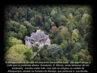 A correspondência secreta em pequenos barquinhos iludiu por algum tempo a
corte que os pretendia afastar. Entretanto, D. Afonso, ainda temeroso de um
escândalo, mandou exilar Inês, mas esta se refugiou no castelo de
Albuquerque, situado na fronteira do Alentejo, que pertencia à sua família.

 