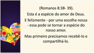 (Romanos 8:38- 39).
Esta é a espécie do amor de Deus.
E felizmente - por uma escolha nossa
- essa pode se tornar a espécie do
nosso amor.
Mas primeiro precisamos recebê-lo e
compartilhá-lo.
 
