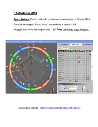 * Astrologia 2013
Ponto Arábico: Estudo realizado por Mestres da Astrologia no Oriente Médio
Formula Astrológica ‘’Ponto Amor’’: Ascendente + Vênus – Sol
Projeção Ano Novo Astrológico 2013 – 22º Áries ( Projeção Mapa Pessoal )
Blog Nilton Schutz - http://niltonschutz.blogspot.com.br
 