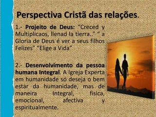 Perspectiva Cristã das relações.
• 1.- Projeito de Deus: “Creced y
Multiplicaos, llenad la tierra..” “ a
Gloria de Deus é ver a seus filhos
Felizes” “Elige a Vida”
• 2.- Desenvolvimento da pessoa
humana Integral. A Igreja Experta
em humanidade só deseja o bem
estar da humanidade, mas de
maneira Integral, fisica,
emocional, afectiva y
espiritualmente.
 